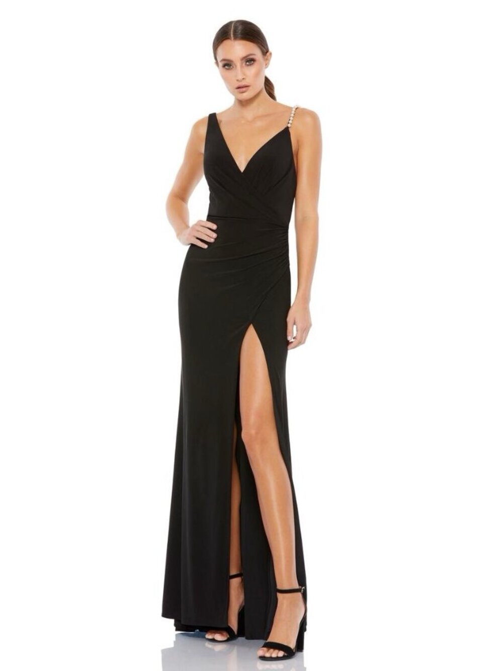 Mac Duggal Size 12 Black 26532 Pearl Strap V-Neck Maxi Gown Dress Formal Prom